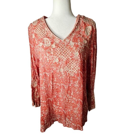 Chico's Tan & White Floral Boho Embroidered Rayon Blouse Top Size 2, Large - Picture 1 of 8
